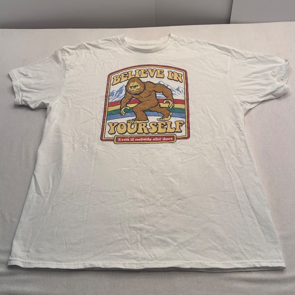 DOM Believe In Yourself Bigfoot Graphic Tee White XL Sasquatch Rainbow Shirt